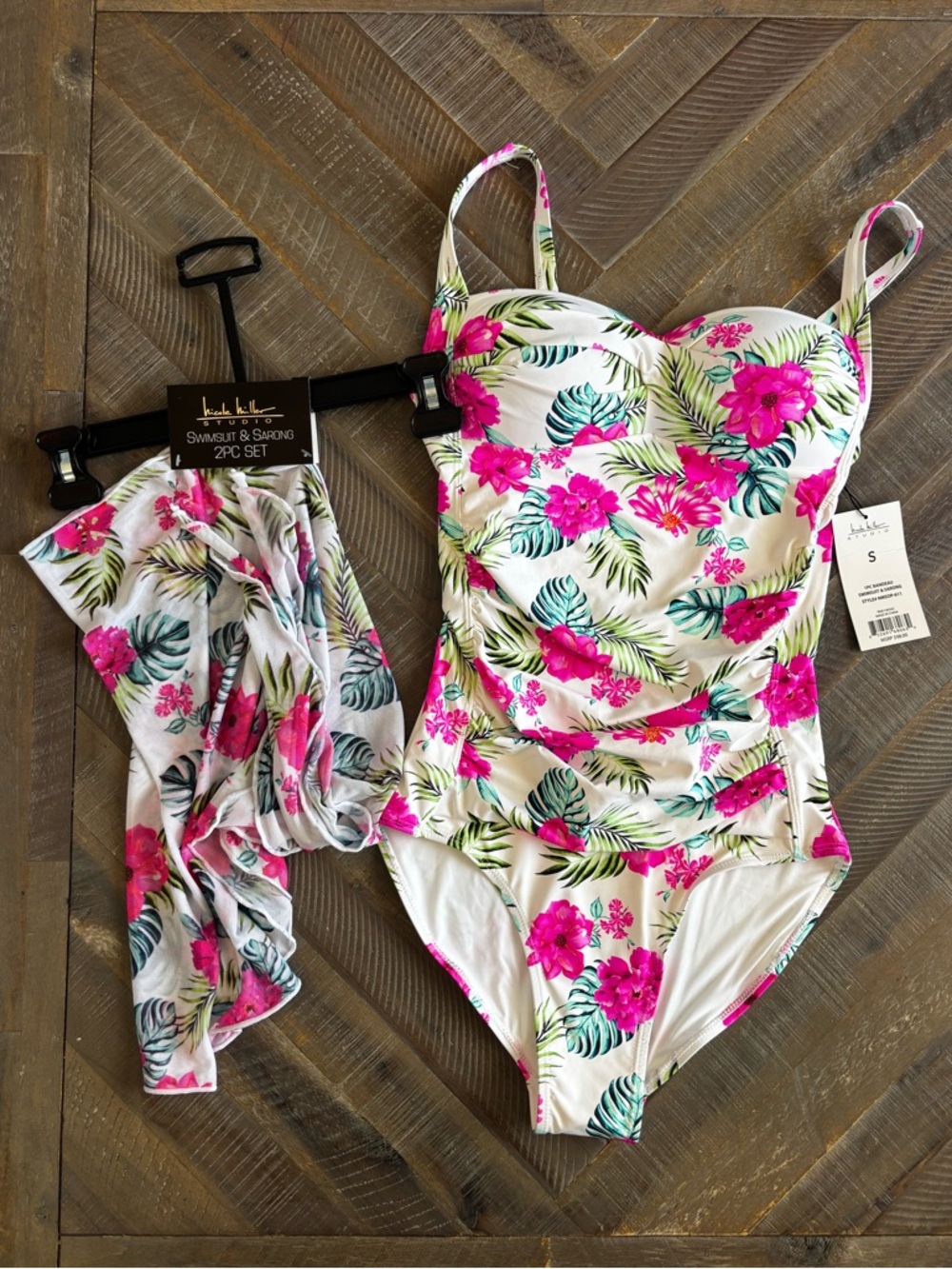 Nicole Miller White One-Piece Swimsuit & Sarong Set with Pink Floral Print